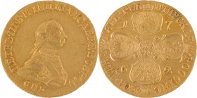 62. Pierre III (1761-1762)
5 roubles 1762 en or.
D : 25,5 mm - Poids : 8,2 g
Fr : 127.
TB à TTB. (Traces sur la tranche).