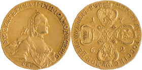 63. Catherine II (1762-1796)
10 roubles en or de 1762 St Petersbourg.
D : 31,2 mm - Poids : 16,6 g
Fr : 129.
TTB à Superbe.