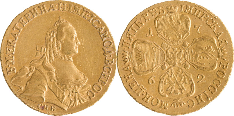 64. Catherine II (1762-1796)
5 roubles en or de 1762 St Petersbourg.
D : 25,8 mm...