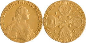 69. Catherine II (1762-1796)
10 roubles en or de 1766 St Petersbourg.
D : 28,9 mm - Poids : 12,9 g
Fr : 129 a. KM : C79 a.
TTB à Superbe.
(Rayures et ...