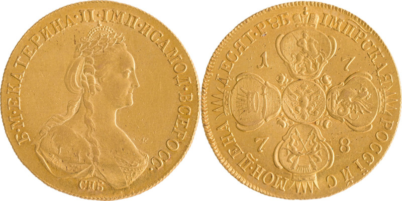 77. Catherine II (1762-1796)
10 roubles en or de 1778 St Petersbourg.
D : 29,4 m...