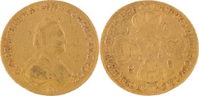 79. Catherine II (1762-1796)
5 roubles en or de 1785 St Petersbourg.
D : 23,4 mm - Poids : 6,5 g
KM : C78. Fr : 130b.
TTB.