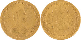 84. Catherine II (1762-1796)
5 roubles en or de 1791.
D : 23,3 mm - Poids : 6,5 g
KM : C78. Fr : 130b.
TTB.