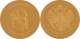 153. Alexandre III (1880-1894)
10 Roubles, 1890. Frappé à 15 000 exemplaires.
Poids : 12,87 g
KM : YA42.
Superbe.