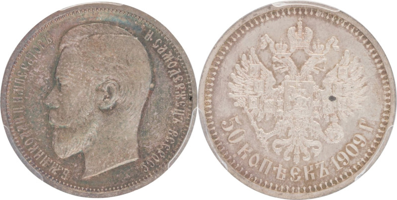 170. Nicolas II (1894-1917)
50 Kopecks, 1909.
KM : Y58.2.
Sous coque PCGS PR66.