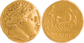 197. GRÈCE MACÉDOINE, Philippe III (323-317)
Statère d’or au nom Philippe II.
Poids : 8,59 g
Le Rider : 192.
TB à TTB.