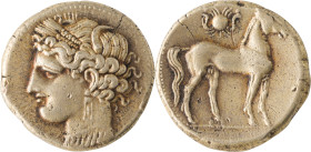 199. ZEUGITANE CARTHAGE (255-241)
Trihémistatère électrum.
Avers : Tête de Talit à gauche couronné d’épis.
Revers : Cheval à droite. Soleil entre deux...