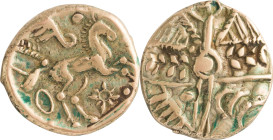 207. CELTIQUE ANGLAISE, Trinovantes et Catuvellauni (?)
Statère or.
Avers : Tête stylisée. Revers : Cheval à droite.
Poids : 6,10 g
TTB. (Flan court. ...
