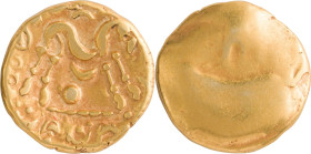 208. CELTIQUE GAULOISE, Ambiani-Morini
Statère en or uniface Classe III.
Revers : Cheval à droite.
Poids : 6,13 g
BN : 8717.
TTB.