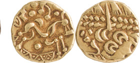 210. CELTIQUE ANGLAISE, Durotriges
Statère or.
Avers : Tête à droite stylisée. Revers : Cheval à droite.
Poids : 6,39 g
Spink : 20.
TTB.