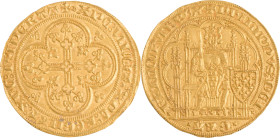 217. Philippe VI (1328-1350)
Écu d’or à la chaise, 1re émission.
Poids : 4,4 g
Dy : 249.
TTB-Superbe.