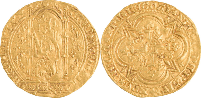 221. Charles V (1364-1380)
Franc à pied en or.
Poids : 3,8 g
Dy : 360.
TB à TTB....