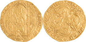 221. Charles V (1364-1380)
Franc à pied en or.
Poids : 3,8 g
Dy : 360.
TB à TTB.