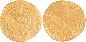 230. Charles VII (1422-1461)
Demi écu d’or à la couronne, 2e
 émission, La Rochelle.
Poids : 1,7 g
Dy : 513a.
TB-TTB. (Revers tréflé).