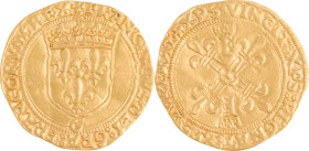 238. François Ier (1515-1547)
Écu d’or au soleil, 2e
 type, 3e
 émission. G sous l’écu : Gênes.
Poids : 3,3 g
Dy : 771a.
Presque TTB.