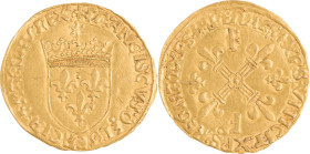 239. François Ier (1515-1547)
Écu d’or au soleil, 5e
 type, 3e
 émission pour Lyon.
Poids : 3,4 g
Dy : 775.
TTB.