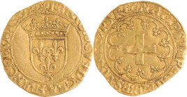 244. François Ier (1515-1547)
Écu d’or à la croisette : D Lyon.
Poids : 3,33 g
Dy : 889.
TB à TTB.