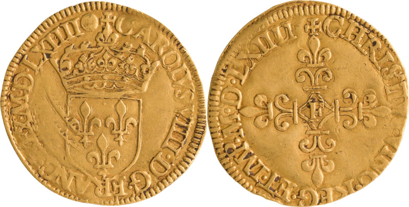 246. Charles IX (1560-1574)
Écu d’or 1er type 1564 Angers. 2 fois la date.
Poids...