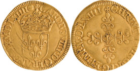 246. Charles IX (1560-1574)
Écu d’or 1er type 1564 Angers. 2 fois la date.
Poids : 3,3 g
Dy : 1057.
TB à TTB.