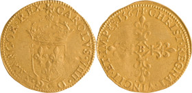 247. Charles IX (1560-1574)
Demi écu d’or 1567 Rouen.
Poids 1,6 g
Dy : 1058.
TTB.