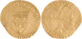 253. DOMBES, Louis II de Bourbon (1560-1582)
Écu d’or (demi pistole), 1578.
Poids : 3,22 g
Fr : 122.
TB.