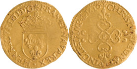 259. Henri IV (1589-1610)
Écu d’or 1er type 1610 Rouen.
Poids : 3,3 g
Dy : 1202A.
TB à TTB.