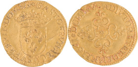 261. DOMBES, Gaston (1627-1650), Usufruitier.
Écu d’or.
Poids : 3,38 g
P.A : 5183. Fr : 128.
TB. (Entaille).