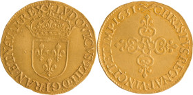263. Louis XIII (1610-1643)
Écu d’or au soleil 1631 Paris.
Poids : 3,3 g
G : 55.
Presque superbe. (Légèrement voilé).