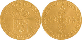 264. Louis XIII (1610-1643)
Écu d’or 1638 Amiens.
Poids : 3,3 g
G : 55.
TTB. (Flan voilé).