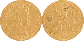 271. Louis XIV (1643-1715)
Louis d’or à la mèche courte 1644 Paris.
Poids : 6,7 g
G : 244.
Superbe.