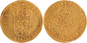272. Louis XIV (1643-1715)
Écu d’or au soleil 1646 Amiens.
Poids : 3,3 g
G : 232.
TTB avec patine rougeâtre.