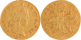 273. Louis XIV (1643-1715)
 Louis d’or à la mèche longue 1648 Aix-en-Provence. Légende
décalée au revers.
Poids : 6,6 g
G : 245.
TTB.