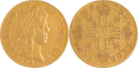 274. Louis XIV (1643-1715)
Louis d’or à la mèche longue 1648 Paris avec un cœur.
Poids : 6,7 g
G : 245.
TTB.