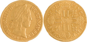275. Louis XIV (1643-1715)
 Louis d’or à la mèche longue 1649 La Rochelle. Frappe médaille.
(967 ex. frappés).
Poids : 6,6 g
G : 245.
TTB.