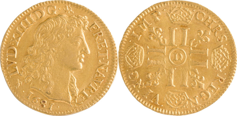 281. Louis XIV (1643-1715)
Louis d’or juvénile tête nue 1681 Lyon.
Poids : 6,7 g...