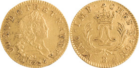 293. Louis XV (1715-1774)
Louis d’or Mirliton, palmes longues, 1724, Rouen.
Poids : 6,5 g
G : 339.
TTB.