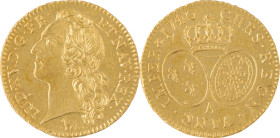 296. Louis XV (1715-1774)
Louis d’or au bandeau 1740 Paris 2e
 semestre.
Poids : 8,1 g
G : 341.
Superbe-FDC.