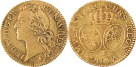 297. Louis XV (1715-1774)
 Louis d’or au bandeau 1742 Lille. Au revers, une fleur
de lys non venue à la frappe.
Poids : 8,1 g
G : 341.
TTB.