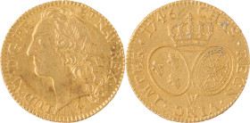 298. Louis XV (1715-1774)
Louis d’or au bandeau 1746 Lille.
Poids : 8,1 g
G : 341.
TTB-Superbe.