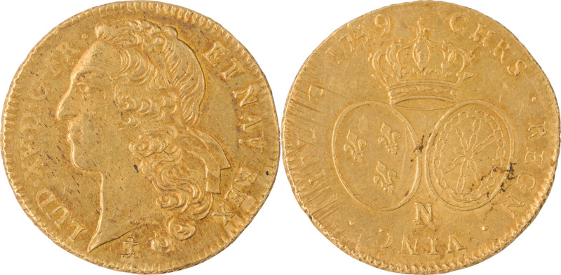 299. Louis XV (1715-1774)
Double Louis d’or au bandeau 1749 Montpellier.
Poids :...