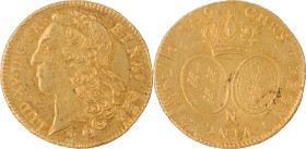 299. Louis XV (1715-1774)
Double Louis d’or au bandeau 1749 Montpellier.
Poids : 16,3 g
G : 346.
Superbe.