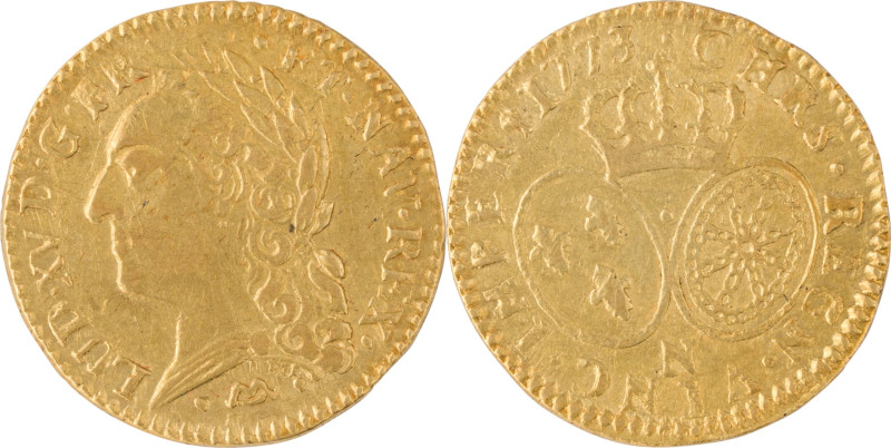 308. Louis XV (1715-1774)
 Louis d’or à la vieille tête 1773 Montpellier. (Année...