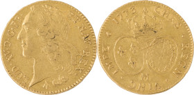 309. Louis XV (1715-1774)
Double Louis d’or au bandeau 1773 Toulouse.
Poids : 16,2 g
G : 346.
TTB.