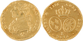311. Louis XVI (1774-1793)
Demi Louis d’or au buste drapé 1776 Bayonne.
Poids : 4 g
G : 357.
TTB avec traces de monture.
