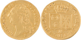 322. Louis XVI (1774-1793)
Louis d’or au buste nu 1789 Marseille.
Poids : 7,5 g
G : 361.
TTB.