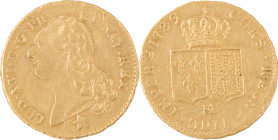 324. Louis XVI (1774-1793)
Double Louis d’or au buste nu 1789 Marseille.
Poids : 15,2 g
G : 363.
TTB à Superbe.