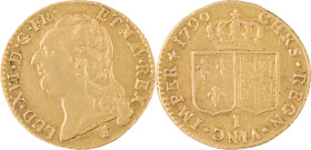 325. Louis XVI (1774-1793)
Louis d’or au buste nu 1790 Limoges 1er semestre.
Poids : 7,6 g
G : 361.
TTB à Superbe.