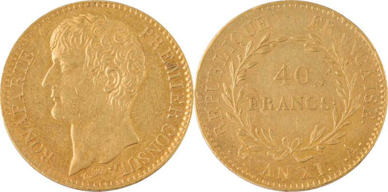 335. Consulat (1799-1804)
40F An 11 Paris.
Poids : 12,88 g
G : 1080.
Superbe.