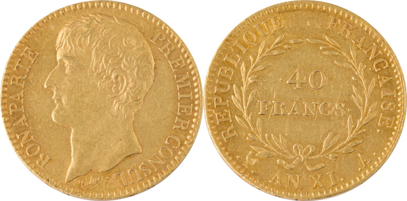 336. Consulat (1799-1804)
40F An 11 Paris.
Poids : 12,90 g
G : 1080.
TTB.