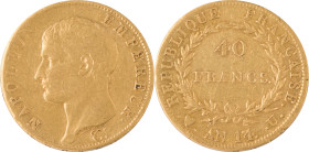 339. Napoléon Ier (1804-1815)
40F An 14 U : Turin.
Poids : 12,85 g
G : 1081 (1199 exemplaires).
TB à TTB.